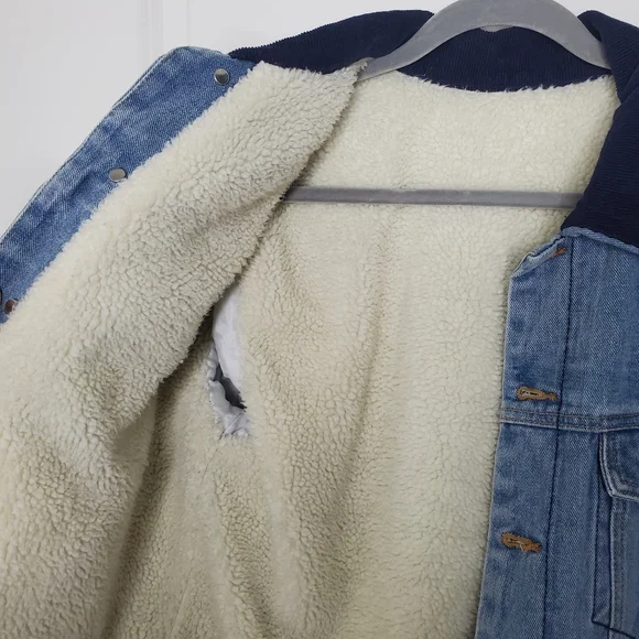 Brandy Melville John Galt Blue Medium Wash Corduroy Collar Sherpa Denim Jacket - Picture 7 of 9